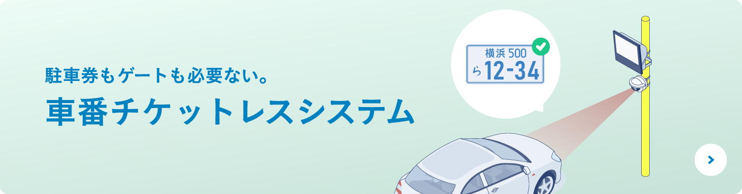 駐車券もゲートも必要ない。 車番チケットレスシステム