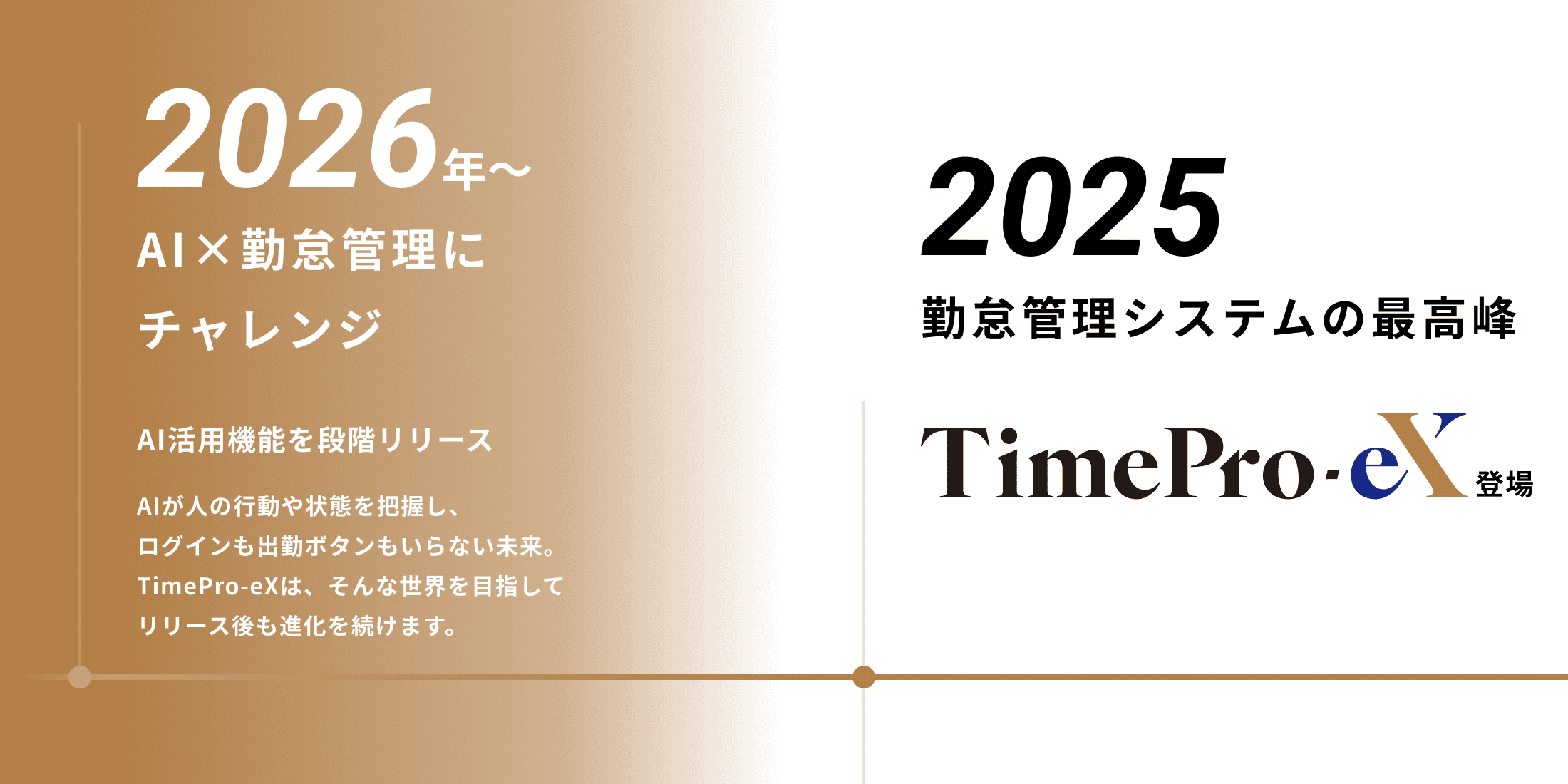 2026年 AI×勤怠管理にチャレンジ AI活用機能を段階リリース AIが人の行動や状態を把握し、ログインも出勤ボタンもいらない未来。TimePro-eXは、そんな世界を目指してリリース後も進化を続けます。2025年 勤怠管理システムの最高峰 TimePro-eX登場。