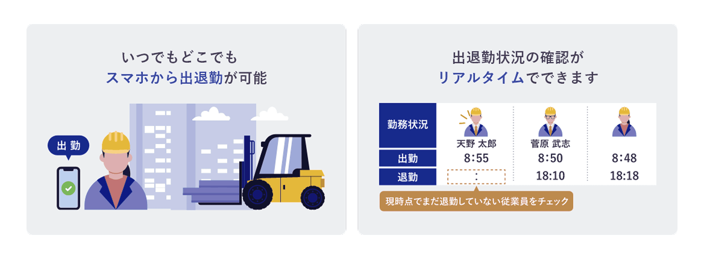 ①いつでもどこでもスマホから出退勤が可能 ②出退勤状況の確認がリアルタイムでできます