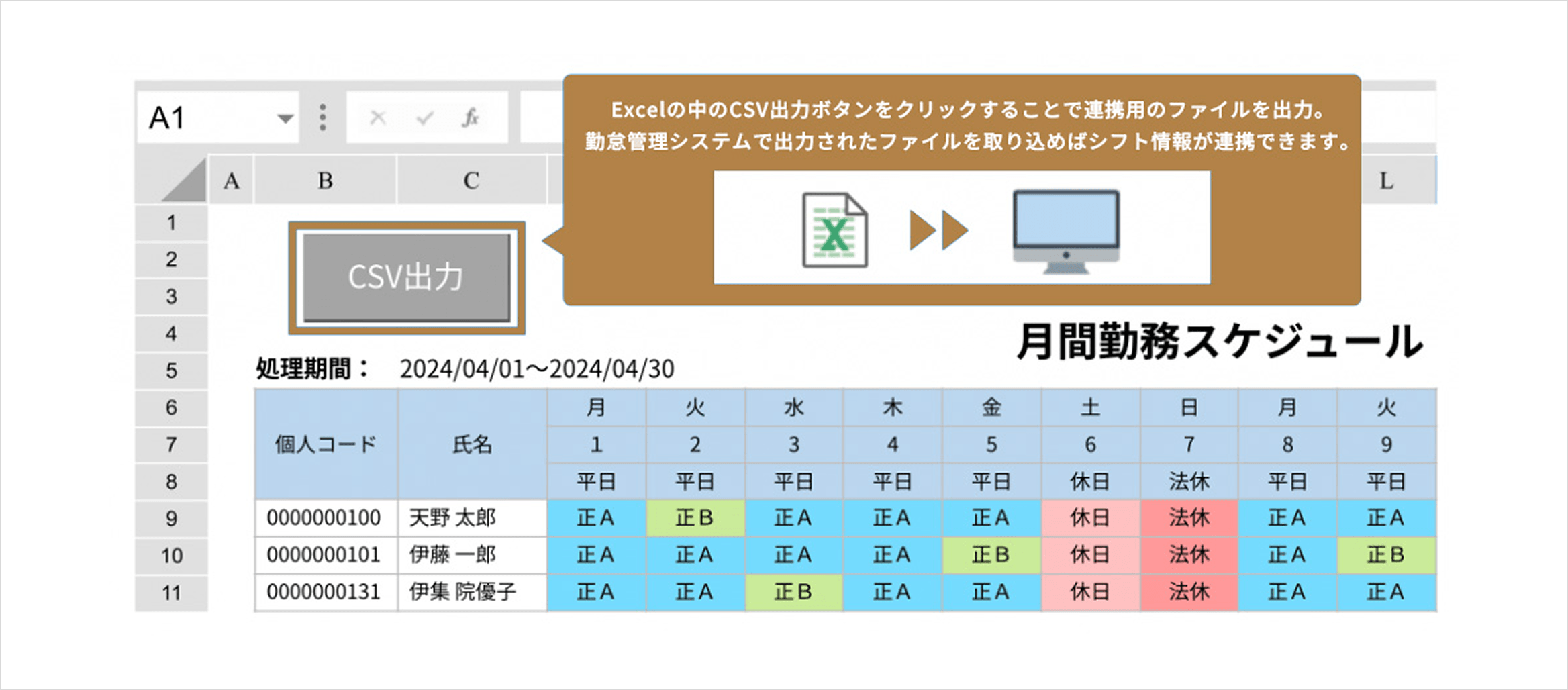 Excelの中のCSV出力ボタンをクリックすることで連携用のファイルを出力。勤怠管理システムで出力されたファイルを取り込めばシフト情報が連携できます。